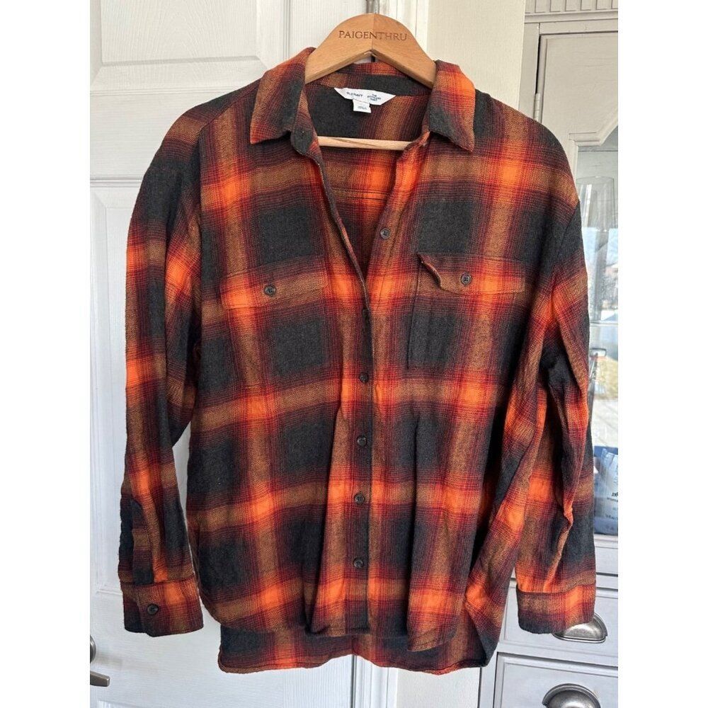 Old Navy Flannel Shirt Women L Orange Plaid Boyfriend Taylor Swift Evermore